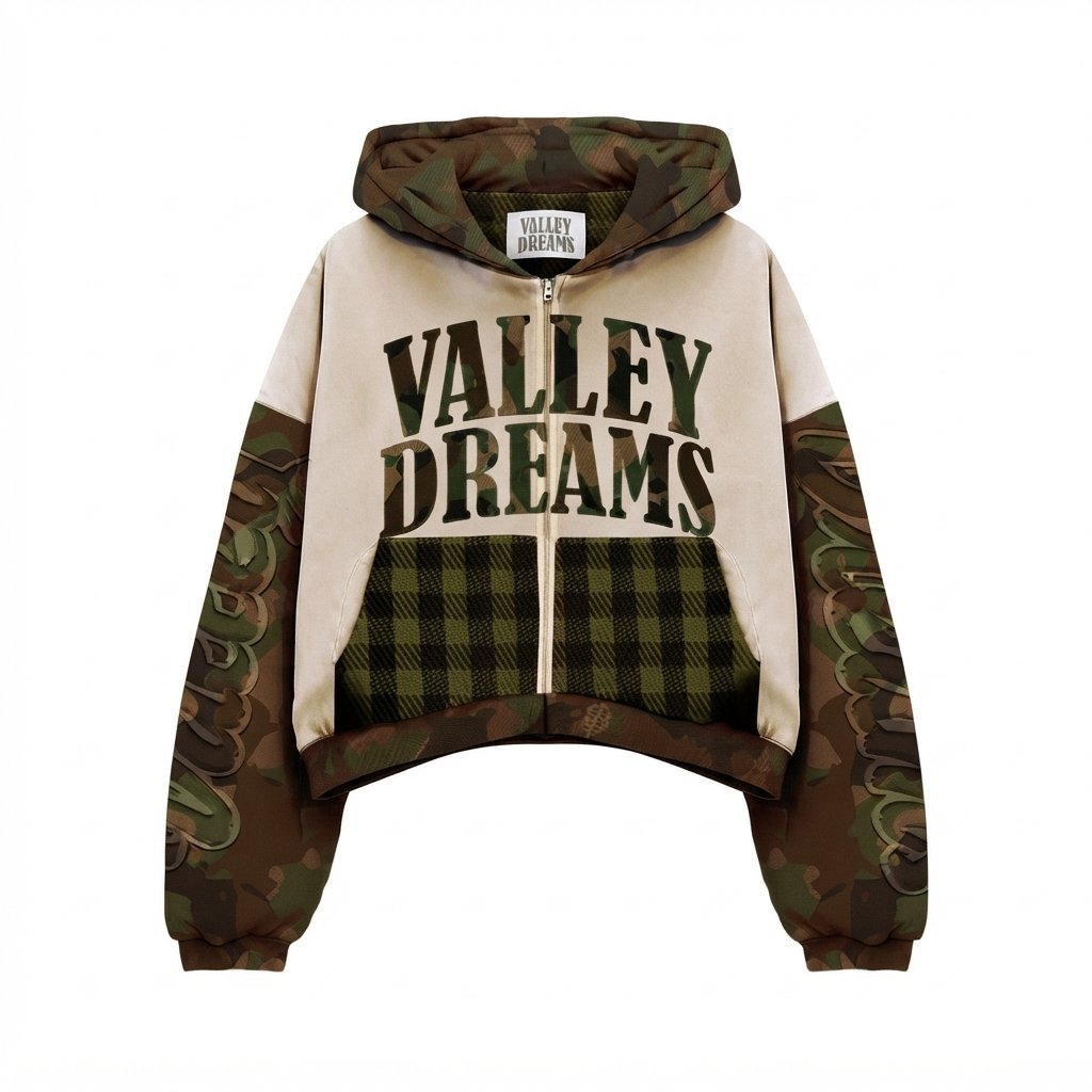 Valley Dreams Camo & Plaid Panel Zip-Up Hoodie Valley Dreams Camo & Plaid Panel Zip-Up Hoodie