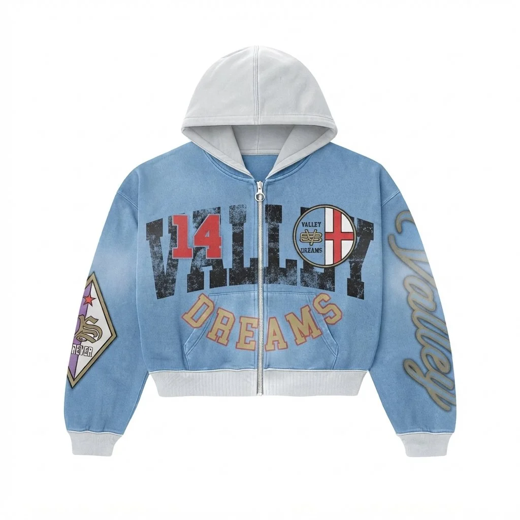 Shop Valley Dreams Blue Zip-Up Hoodie for versatile blue streetwear style, easy layering, and a classic hooded design for everyday outfits.